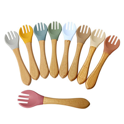 Bpa Free Infant Kids Wooden Handle Fork Set Silicone Baby Spoon